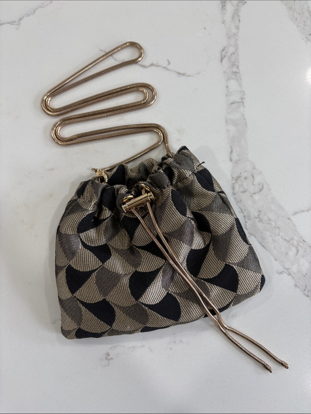 Ann Taylor Black & Gold Geometric Pattern Drawstring Mini Bag with Gold Chain